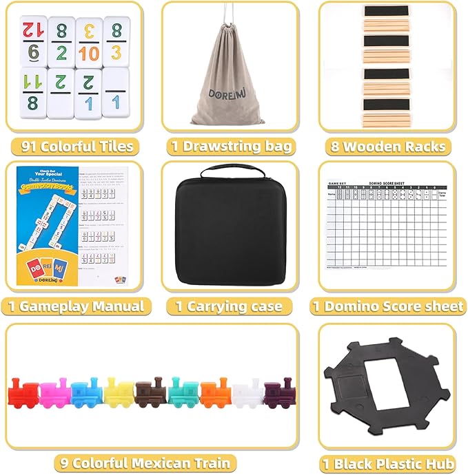 Mexican Train Dominoes Set Numbers and 8 Wooden Racks,Double 12 Travel Domino Train Game with 91 Colored Tiles and Protable Case, Number Domino Set for Kids, Adults Family Board Team Games
