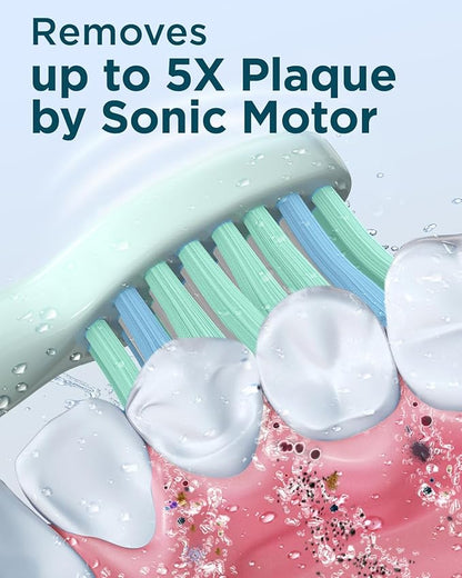 Rtauys M5 Sonic Electric Toothbrush for Adults and Kids - Rechargeable Electric Toothbrush Kids Ages 12+ and Adults with 8 Brush Heads & Travel Case, 120 Days Battery Life - Light Green