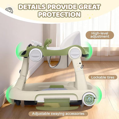 Baby Walker with Wheels, 5-in-1 Foldable Infant Toddler Walker for Boys Girls 6-18 Month, Music Walker for Baby with Car Steering Wheel &Removable Footrest,Baby Push Walker Green
