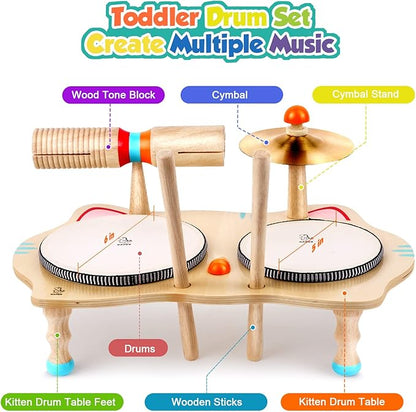 oathx Kids Drum Set All in One Montessori Musical Instruments Set Toddler Toys Natural Wooden Music Kit Baby Sensory Toys Months Birthday Gifts for Girls Boys