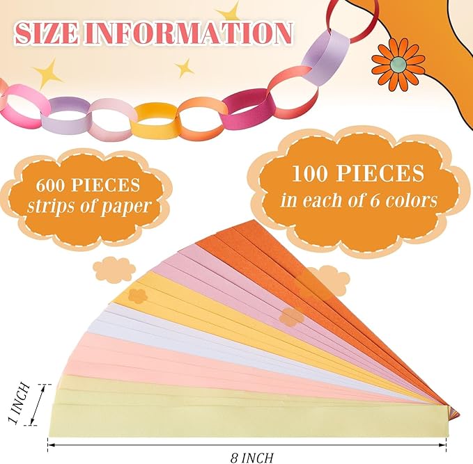 Lincia 600 Sheet Paper Chain Garland Strips 1x8 Inch with Double Sided Tape, DIY Construction Paper Chains for Birthday Wedding Holiday Party Decorations, Crafts Supplies (Groovy)
