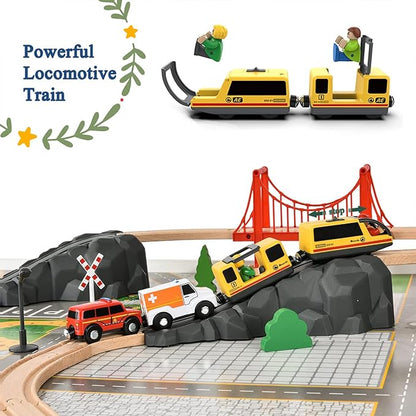 Giant bean 72PCS Fire Station Wooden Train Tracks & Train Set, Gift Packed Toy Railway Kits for Kids, Toddler Boys and Girls 3,4,5 Years Old and Up, Christmas Birthday Gift Toy for Kids