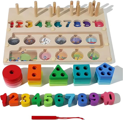 3-in-1 Magnetic Wooden Maze, Montessori Toys, Stacking Building Blocks Shape Sorter Number Board, Color Matching Educational Learning Toys for Kids, Toddler Gift, Toys for Boys Girls 3 4 5 Years Old