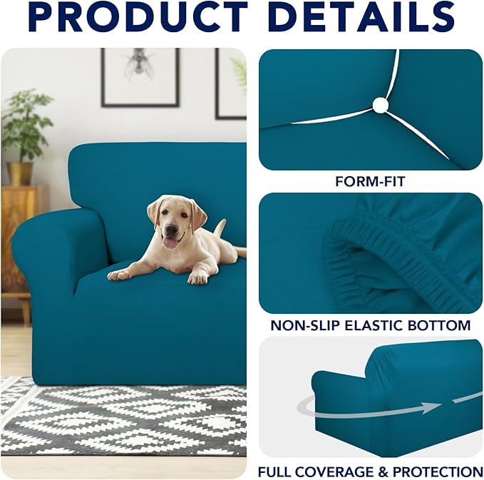 PureFit 100% Dual Waterproof Couch Cover Slipcovers for Couches and Sofas - Stretch Non Slip Fleece Sofa Covers Washable, Leakproof Furniture Protector for Kids, Pets, Dog (Loveseat, Peacock Blue)