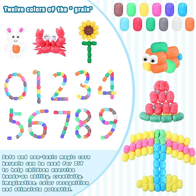 Junkin 1000 Pcs Magic Noodles Foam Crafts Puffs Corn Super Crafts Arts Kit Bulk Building Blocks Model Toys Valentines Kid Gifts for Kindergarten School Stimulates Creativity Supplies(Multicolored)