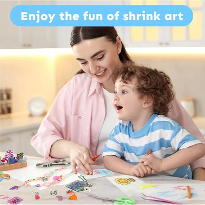 Auihiay 198 Pieces Shrink Plastic Kit Include 20 Sheets Shrinky Paper, Hole Punch, Keychains Accessories and Pencils for DIY Ornaments or Creative Craft