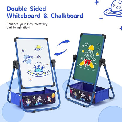 Kids Art Easel with 29.5inch-44inch Height Adjustable Whiteboard&Chalkboard Double Sided Easel 360°Rotating Standing Art Easel for Kids Blue