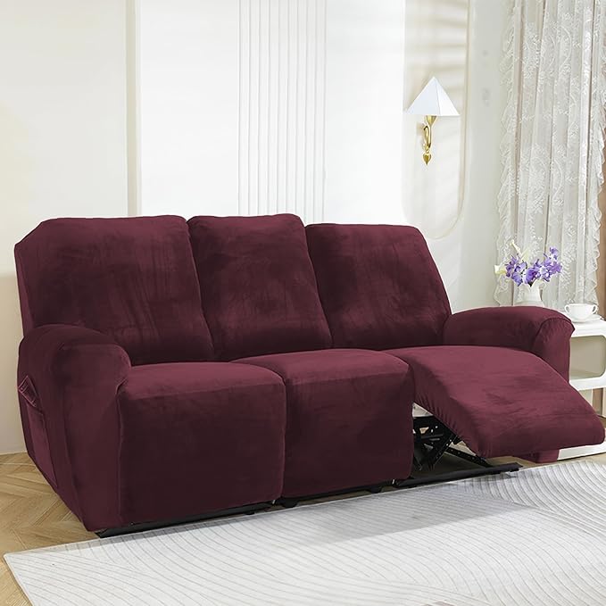 NORTHERN BROTHERS Stretchy Recliner Chair Covers, Velvet Recliner Covers, Lazy Boy Chair Cover (Wine Red, 3 Seat)