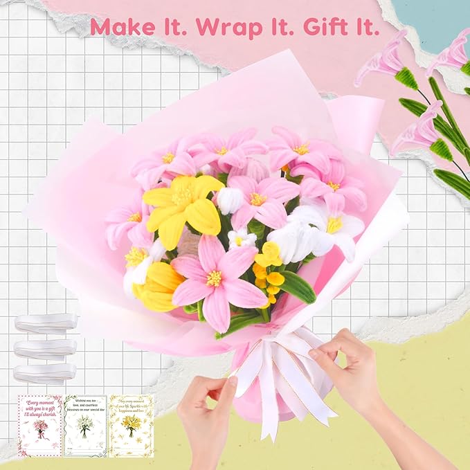 1800PCS Pipe Cleaners Craft, Pipe Cleaner Bulk Flower Kit, 6 Colors Chenille Stems Flower Making Kit with Floral Wrapping Paper and Ribbon, Gardening Tape, Stamen for Art and Craft Supplies