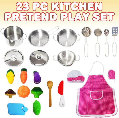ArtCreativity Pretend Play Kitchen Set for Kids, 23-Piece Kids’ Kitchen Playset with Pots, Pans, Chef Hat, Apron, Utensils, Knife Toy, Pretend Play Food, & More, Kids’ Kitchen Playset for Hours of Fun