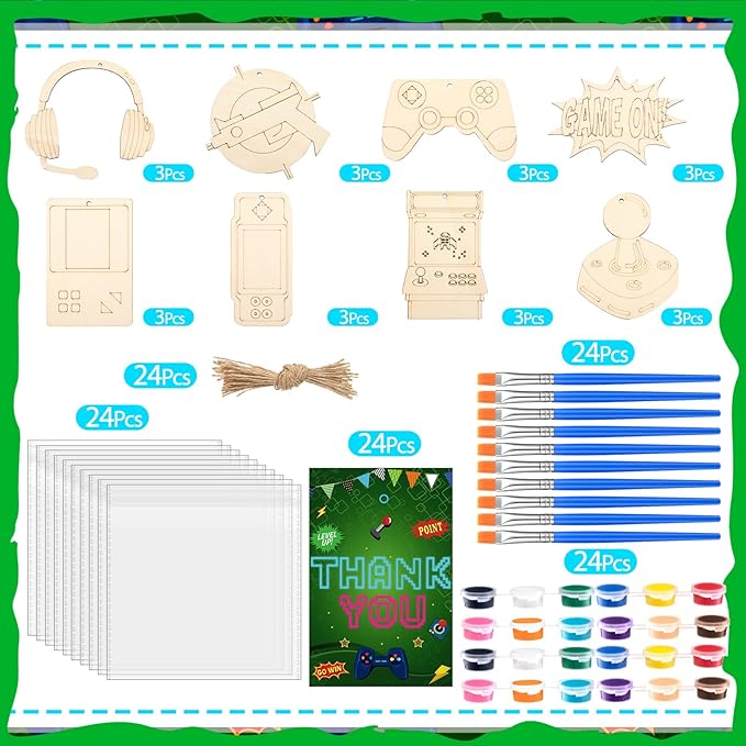 Saypacck 24 Pcs Video Game Party Favors Wooden Craft Kits Video Game Painting Craft Wooden Gaming Party Favor with Organza Bag for Birthday Goodie Bags Fillers Gifts
