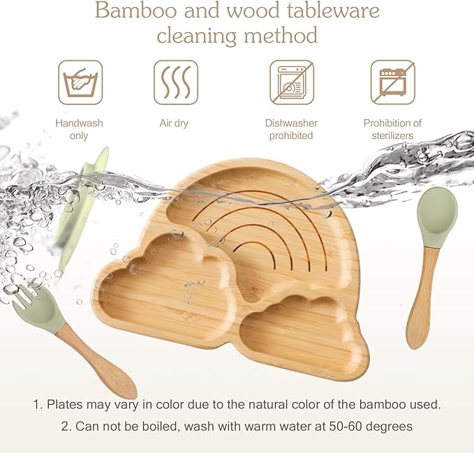 Bamboo Suction Plates Bowls Set for Baby Toddler Divided Platter Food bowl with Silicone Fork & Spoon All-Natural Baby Feeding Set for Baby-Led Weaning, Non-Slip Design