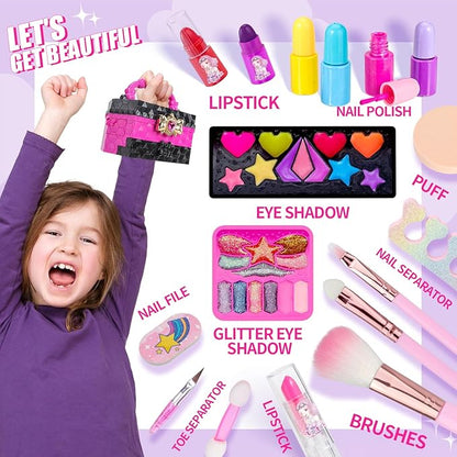 Birthday Gifts Kids Makeup Kit for Girl, Princess Toys Real Washable Cosmetic Set with Mirror, Kids Makeup Sets for Girls, Make Up Gifts for 3 4 5 6 7 8 9 10 11 12 Years Old Kid