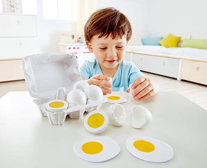 Hape Egg Carton | 3 Hard-Boiled Eggs with Easy-Peel Shell & 3 Fried, Wooden Realistic Educational Toy for Children 3+, White and Yellow (E3156)
