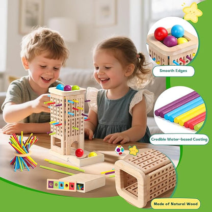 Montessori Toys for 3 Year Old Fine Motor Skills Toys for 5 Year Old Wooden Board Game Operation Games Educational Toys with Colorful Sticks, Dice & Stones, Family Game Gifts for Age 4 5 6 Boys Girls