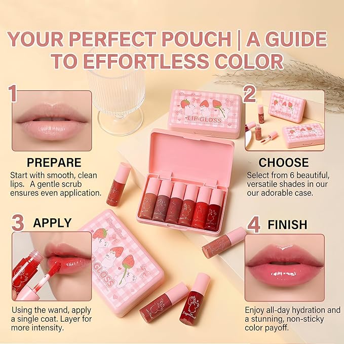 6 Colors Lip Gloss Set, Hydrating Korean Lip Gloss for Women, Non-Sticky Lip Oil Stain, Lip Stain Long Lasting Waterproof, Shiny Lip Gloss for Lip Makeup and Gifts, High Pigment, Vivid Color (Set A)