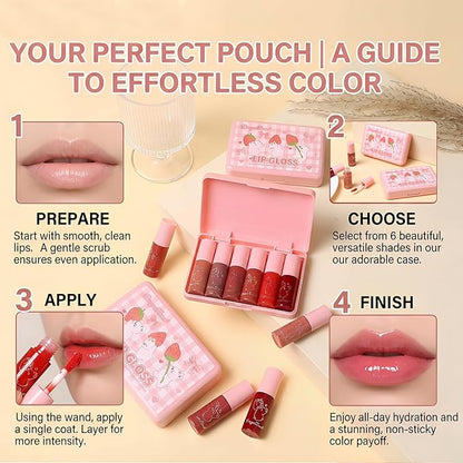 6 Colors Lip Gloss Set, Hydrating Korean Lip Gloss for Women, Non-Sticky Lip Oil Stain, Lip Stain Long Lasting Waterproof, Shiny Lip Gloss for Lip Makeup and Gifts, High Pigment, Vivid Color (Set A)