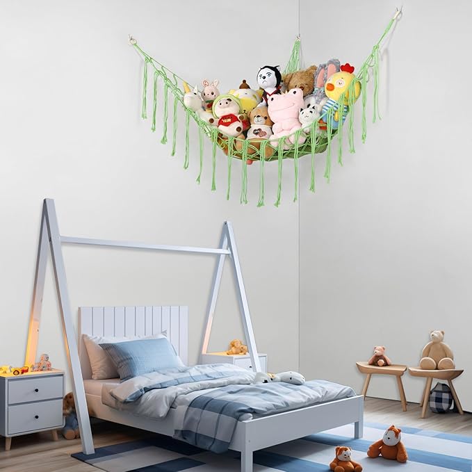 Boho Stuffed Animals Net or Hammock Large,55 inch Toy Hammock Macrame Stuff Animal Storage Corner Hanging Net Holder,Mesh Hammock Plush Toy Organizer with Hooks for Bedroom,Nursery (Light Green)