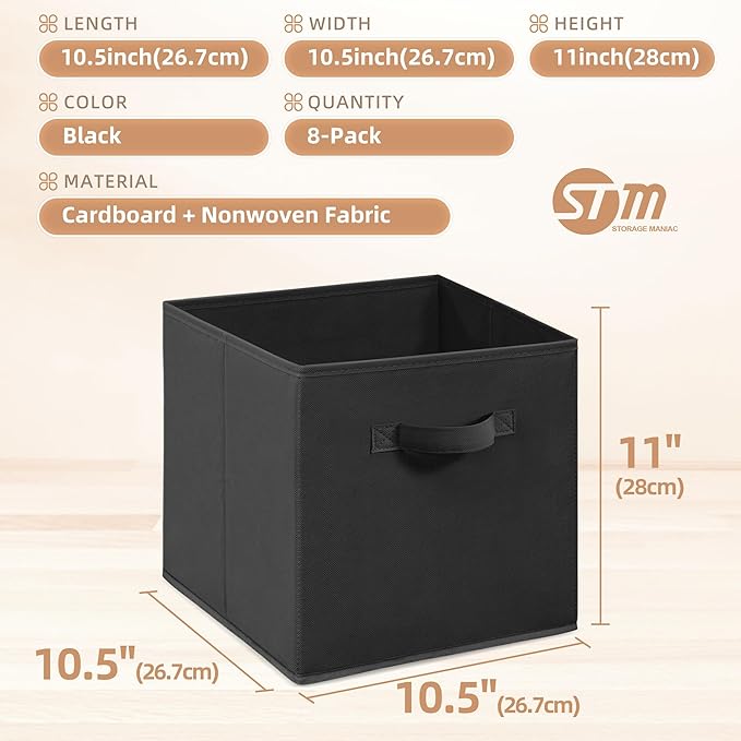 STORAGE MANIAC Storage Cubes, 11 Inch Collapsible Storage Bins with Handles, 8 Pack Fabric Foldable Bins for Organization, Durable Storage Bins for Closet, Shelves, Offices, Toys, 8-Pack Black