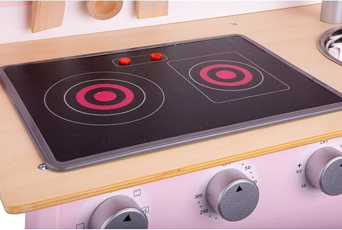 New Classic Toys Wooden Pretend Toy Kitchen for Kids Role Play Included Accessoires Pink Colored - Makes Sound