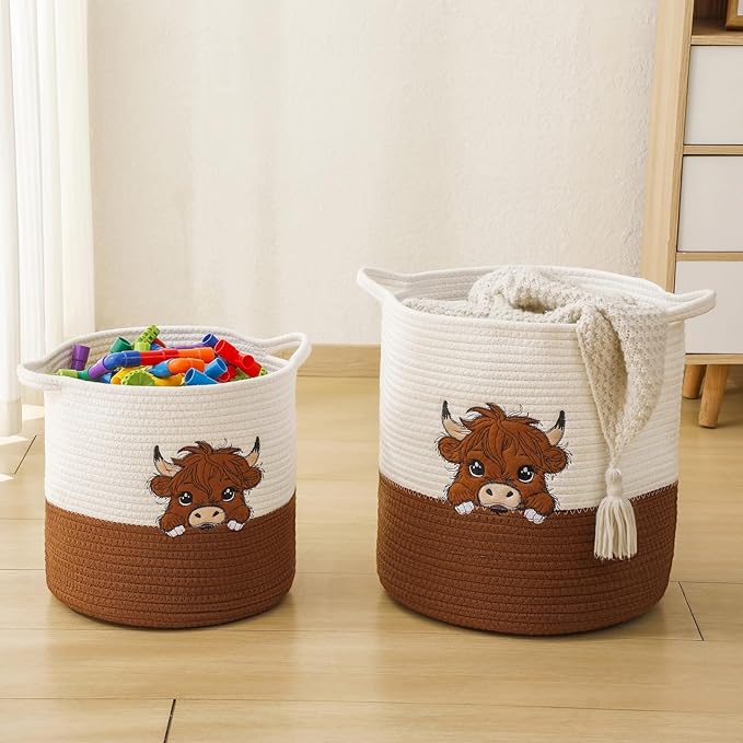 INough Large Blanket Baskets for Living Room, Highland Cow Storage Baskets for Toys Organizer Woven Cotton Rope Basket for Kids, Clothes Hamper with Embroidery Highland Cow Decor for Nursery Laundry