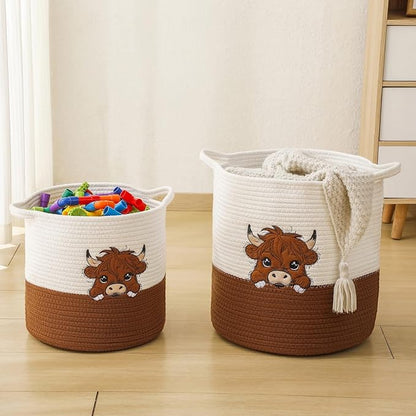 INough Large Blanket Baskets for Living Room, Highland Cow Storage Baskets for Toys Organizer Woven Cotton Rope Basket for Kids, Clothes Hamper with Embroidery Highland Cow Decor for Nursery Laundry