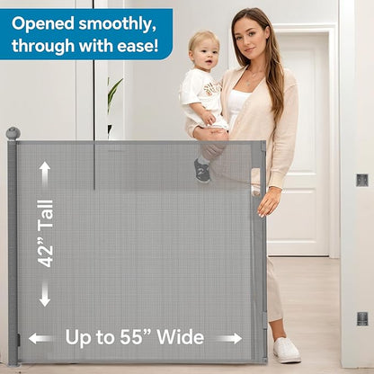 Bulubaky Extra Tall Safety Retractable Baby Gate Adjustable Wide Retractable Dog Gate Mesh Baby Gate Child Gate for Doorway, Hallway, Stair Gates for Kids or Pets (Grey, 42" Tall x 55" Wide)