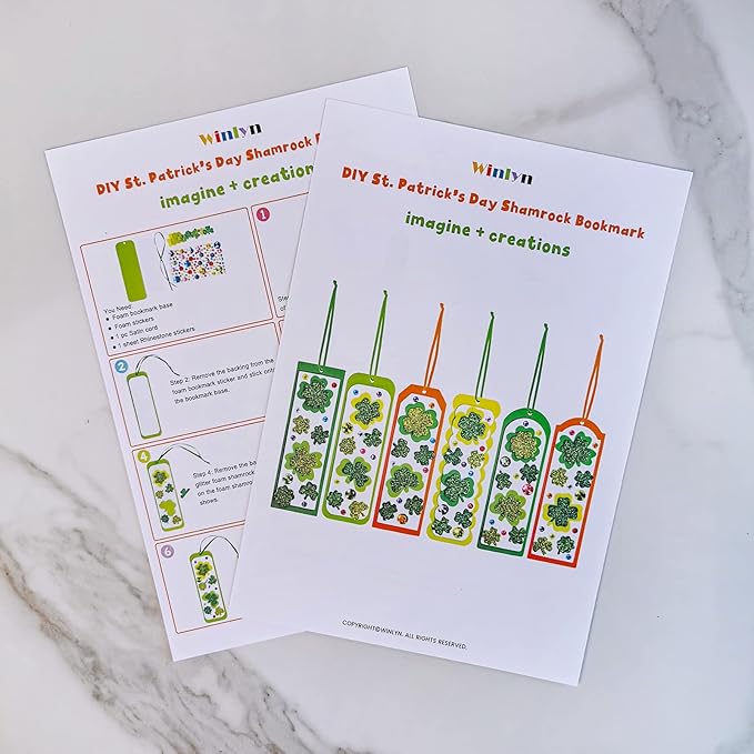Winlyn 24 Sets St. Patrick's Day Decorations DIY 3D Shamrock Bookmark Craft Kits Blank Foam Bookmarks Lucky Shamrock Four Leaf Clover Stickers for Kids Reading Gifts Classroom Activities Art Projects