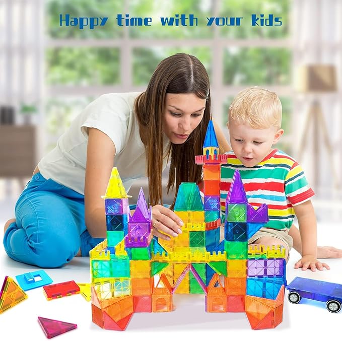 Magnetic Tiles,102PCS Magnetic Building Blocks 3D Clear Construction Playboards, Inspiration, Creativity Beyond Imagination, Educational Magnet Toy Set for Kids with 2 Cars