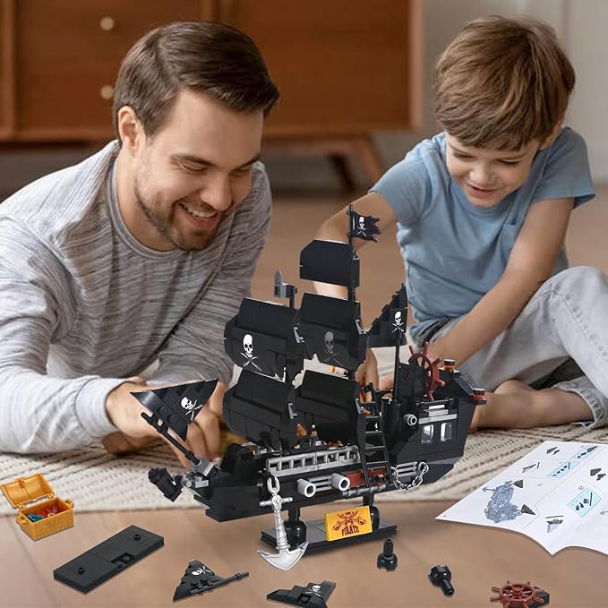 BRICK STORY Pirate Ship Building Sets Pirates Model Kits 298 Pieces Creative Black Ships Building Blocks Toys Gift for Boys Ages 6+, Pirate Themed Boat Collection Toy for Kids & Adult
