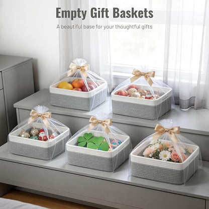 5 Pack Decorative Small Storage Baskets for Shelves, Cotton Rope Woven Basket for Organizing Bathroom, Nursery, Closet, Cabinet, Toys & Socks, Gift Baskets Empty, 11.8"x7.9"x4.7", Gray/White