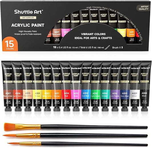Shuttle Art Acrylic Paint Set, 15 x 12ml Tubes Artist Quality Non Toxic Rich Pigments Colors Perfect for Kids Adults Beginners Artists Painting on Canvas Wood Clay Fabric Ceramic Crafts
