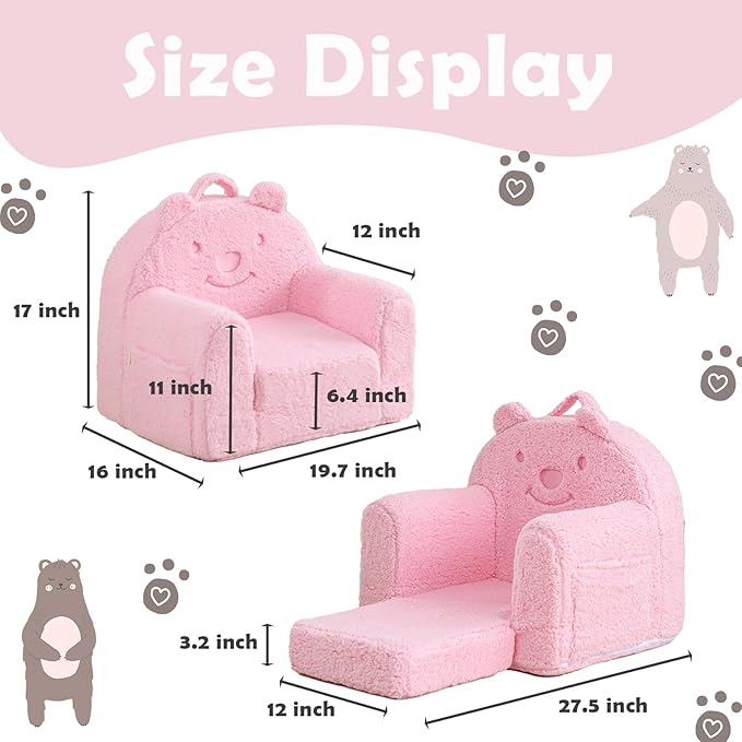 Toddler Chair,Sherpa Bear Kids Chair,Toddler Couch Fold Out,Children Reading Chair,Flip Out Kids Couch,Toddler Sofa Convertible for Age 1-3(Pink Bear)