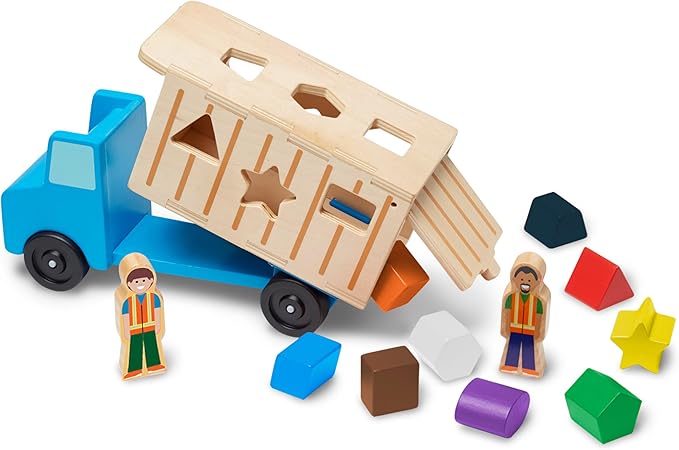 Melissa & Doug Shape-Sorting Wooden Dump Truck Toy, Quality Craftsmanship, 9 Colorful Shapes and 2 Play Figures, 7.5' H X 10.75' W X 4.75' L