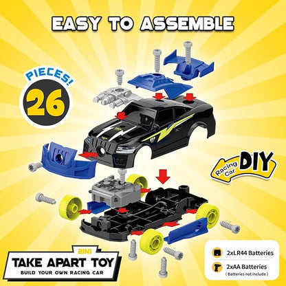 GILOBABY 26 Pieces Take Apart Toys for Boys, Racing Car with Electric Drill, Sounds & Lights, Building Stem Toys for Kids, Gifts for 3 4 5 Year Old Boys Learning Educational Toys