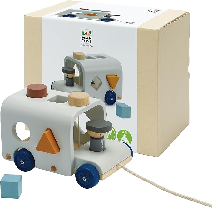 PlanToys® Sorting Bus Wooden Toy for Kids Ages 3+ | Montessori Shape & Colour Learning Activity for Sorting, Coordination & Fine Motor Skills | Eco-Friendly Educational Playset