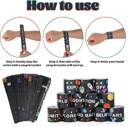 144 Pieces Space Slap Bracelets Astronaut Planet Rocket Space Ship Wristbands Bracelets Fun Words Printed Slap Bracelets Wristband for Party Favor Gifts School Classroom Prize Exchange,12 Styles