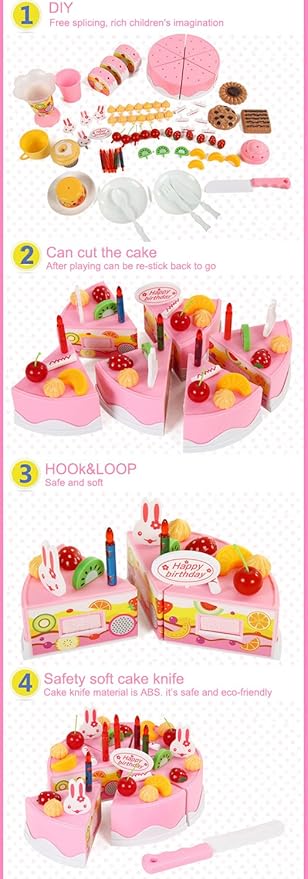 75PCS Birthday Cake Toy DIY Cutting Cake Play Set Kids Play Kitchen Food Pretend Play Cake Toy Best for Girls Birthday Party Gift (75PCS Blue)