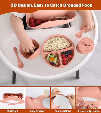 ECLIP Silicone Baby Feeding Set, 10 Pcs Baby Led Weaning Supplies with Suction Bowl Divided Plate Adjustable Bib Soft Spoon Fork Snack Cup with Lid Drinking Cup, Utensil (Brick Red)