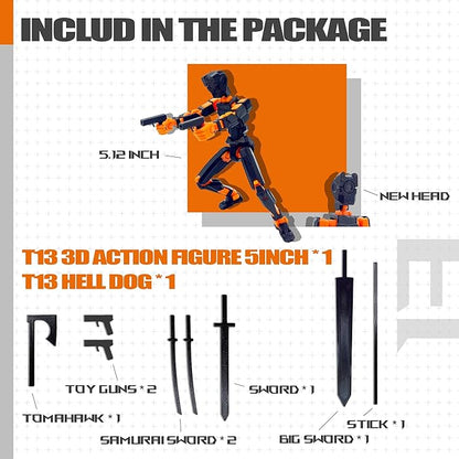 (Assembly Completed) T13 3D Action Figure Set,Dummy Robo Titan 13 Action Figures,3D Printed Multi-Jointed Toy (Black + Orange)