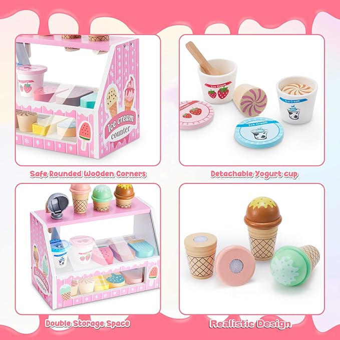 WHOHOLL Wooden Ice Cream Counter Playset for Toddler Girl Toys, Play Store Pretend Toy Food Play Kitchen Accessories with Fake Money & Coin, Christmas Birthday Gifts for 3+ Year Old Kids (Pink)