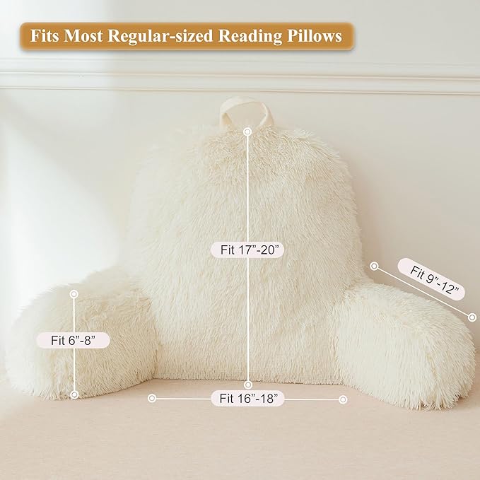 XeGe Faux Fur Reading Pillow Cover (No Filler), Fluffy Back Rest Pillow Case for Sitting in Bed, Adults Kids Shaggy Sit Up Back Support Study Pillow Cover with Arms Couch Chair Home Decoration, Beige