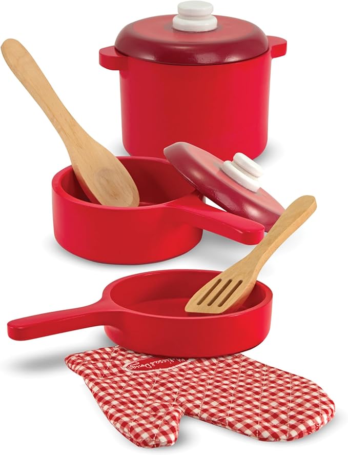 Melissa & Doug Deluxe Wooden Kitchen Accessory Set - Pots & Pans (8 pcs) , Green , H: 12 x W: 12 x D: 5