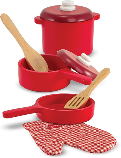 Melissa & Doug Deluxe Wooden Kitchen Accessory Set - Pots & Pans (8 pcs) , Green , H: 12 x W: 12 x D: 5