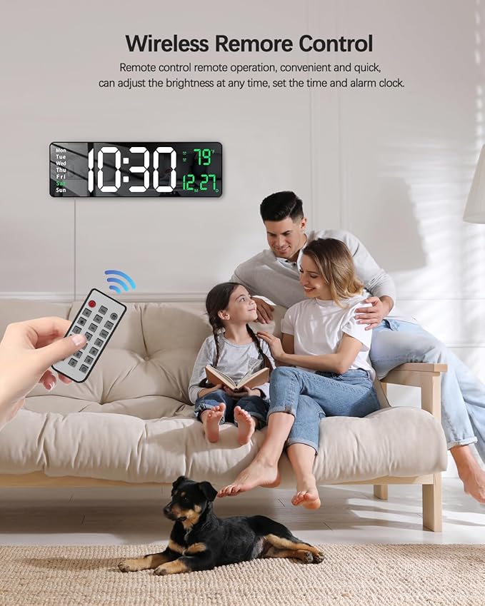 JoFomp Modern 16" Large Digital Wall Clock with Remote Control, LED Display, Auto-Dimming, Countdown, Temperature, Calendar - 12/24Hr Format - Silent Wall Clock for Home, Office, or Gym Use (Green)