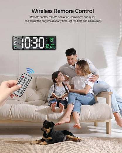 JoFomp Modern 16" Large Digital Wall Clock with Remote Control, LED Display, Auto-Dimming, Countdown, Temperature, Calendar - 12/24Hr Format - Silent Wall Clock for Home, Office, or Gym Use (Green)