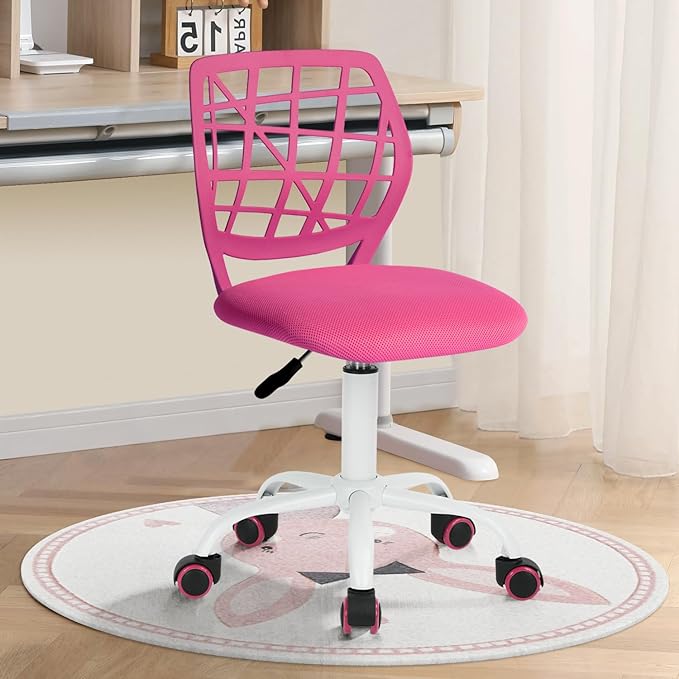 FurnitureR Kids Desk Chair, Armless Small Office Chair Adjsutable Swivel Task Chair with Soft Cushion for Study Kids Teens Child, Pink