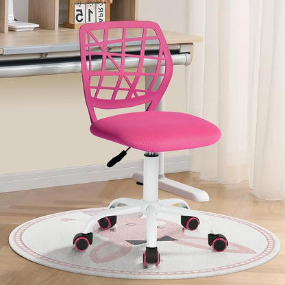 FurnitureR Kids Desk Chair, Armless Small Office Chair Adjsutable Swivel Task Chair with Soft Cushion for Study Kids Teens Child, Pink