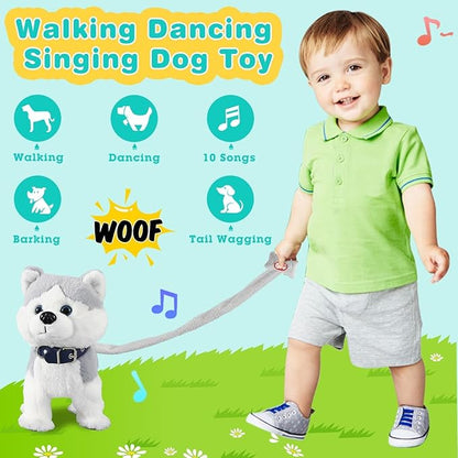 Marsjoy Husky Walking Dog Toy for Girls Barking Puppy with Control Leash, Realistic Wagging Tail Robot Interactive Musical Dancing Animated Plush Stuffed Animal Electronic Pet for Kids Toddlers