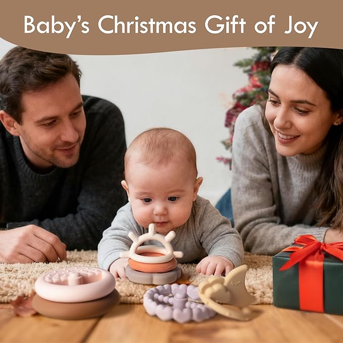 Moonkie Stacks of Circles Soft Teething Toy | Educational Learning Baby Toy | Stacking Ring Toys for Babies Boy and Girl | 7 Piece Teethers Set (Nature)